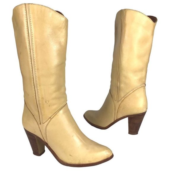No Brand Shoes - Vintage Go Go Boots Banana Yellow Tan Leather High Stacked Heel Brazil 80s Sz 7B